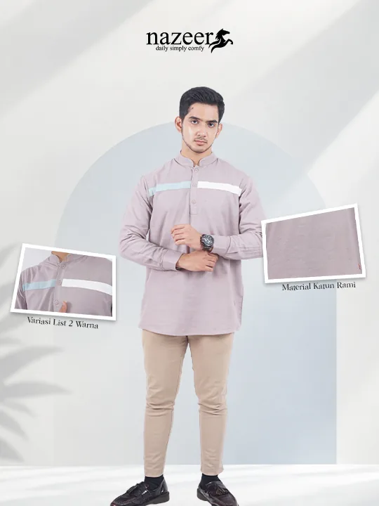 Kemeja koko lengan panjang Raihan dengan list dua warna, bahan katun rami, Style.Nazeer