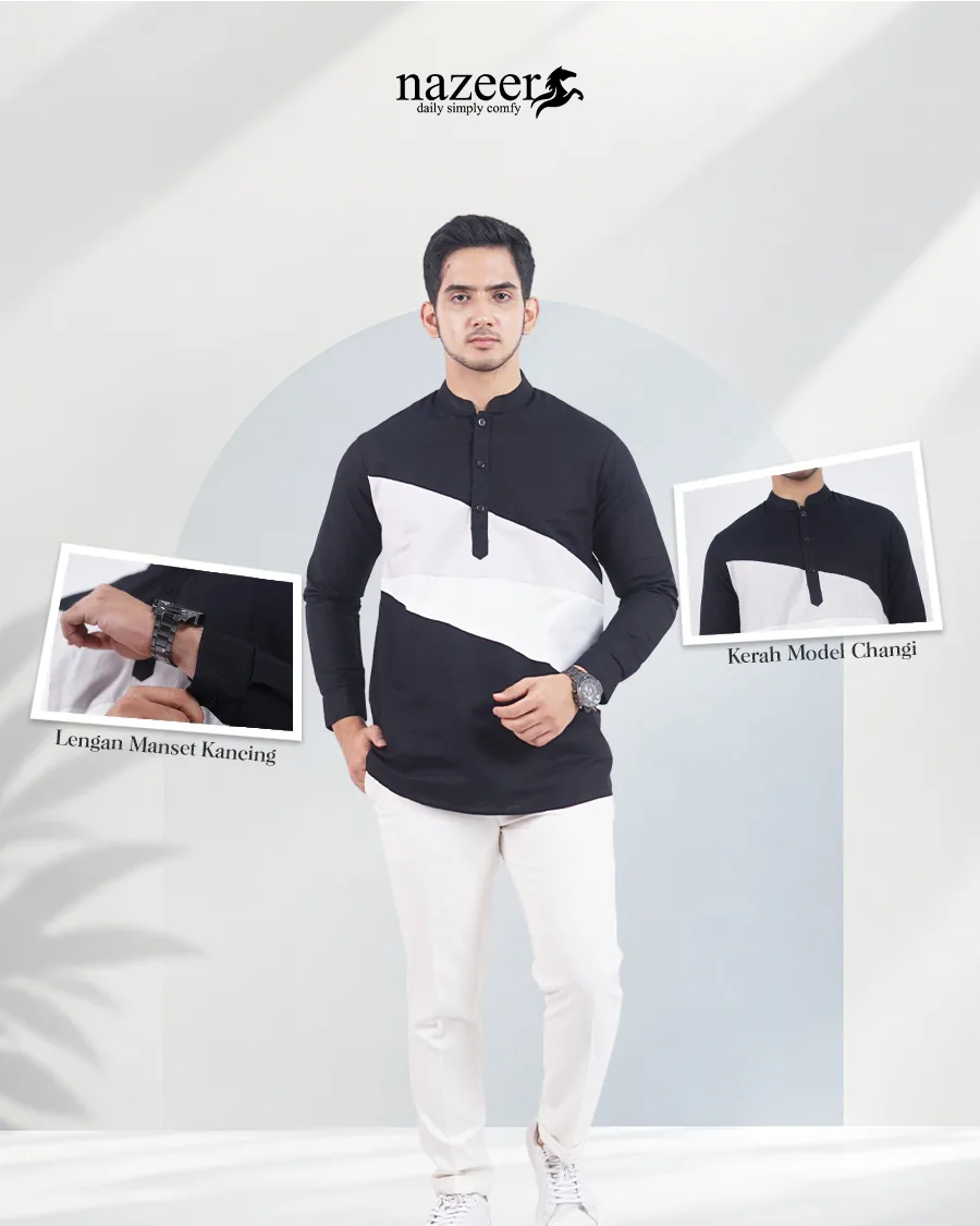 Kemeja koko lengan panjang Tsabit hitam putih dengan kerah model Changi, Style.Nazeer